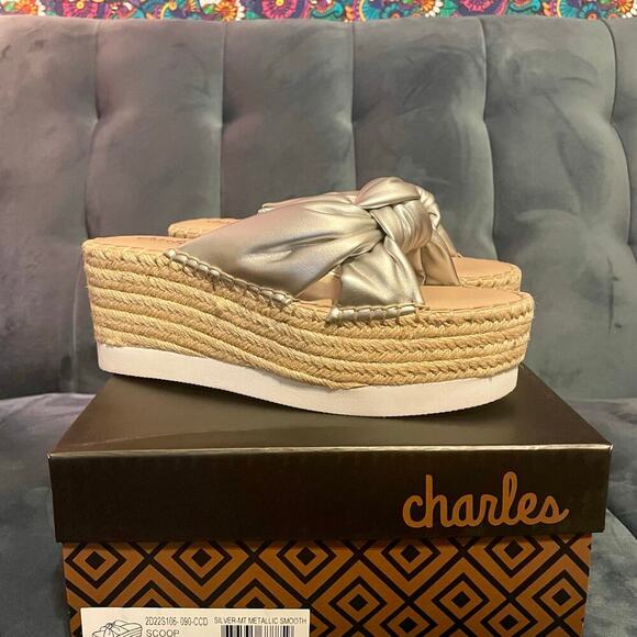 NIB Charles David "Scoop" Silver Espadrille Platform Slide Wedge Sandals US 6.5 - Picture 1 of 13